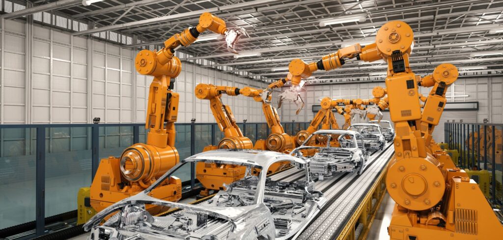 Robot industri di lini pabrik sebagai simbol otomasi yang menggantikan pekerjaan manusia